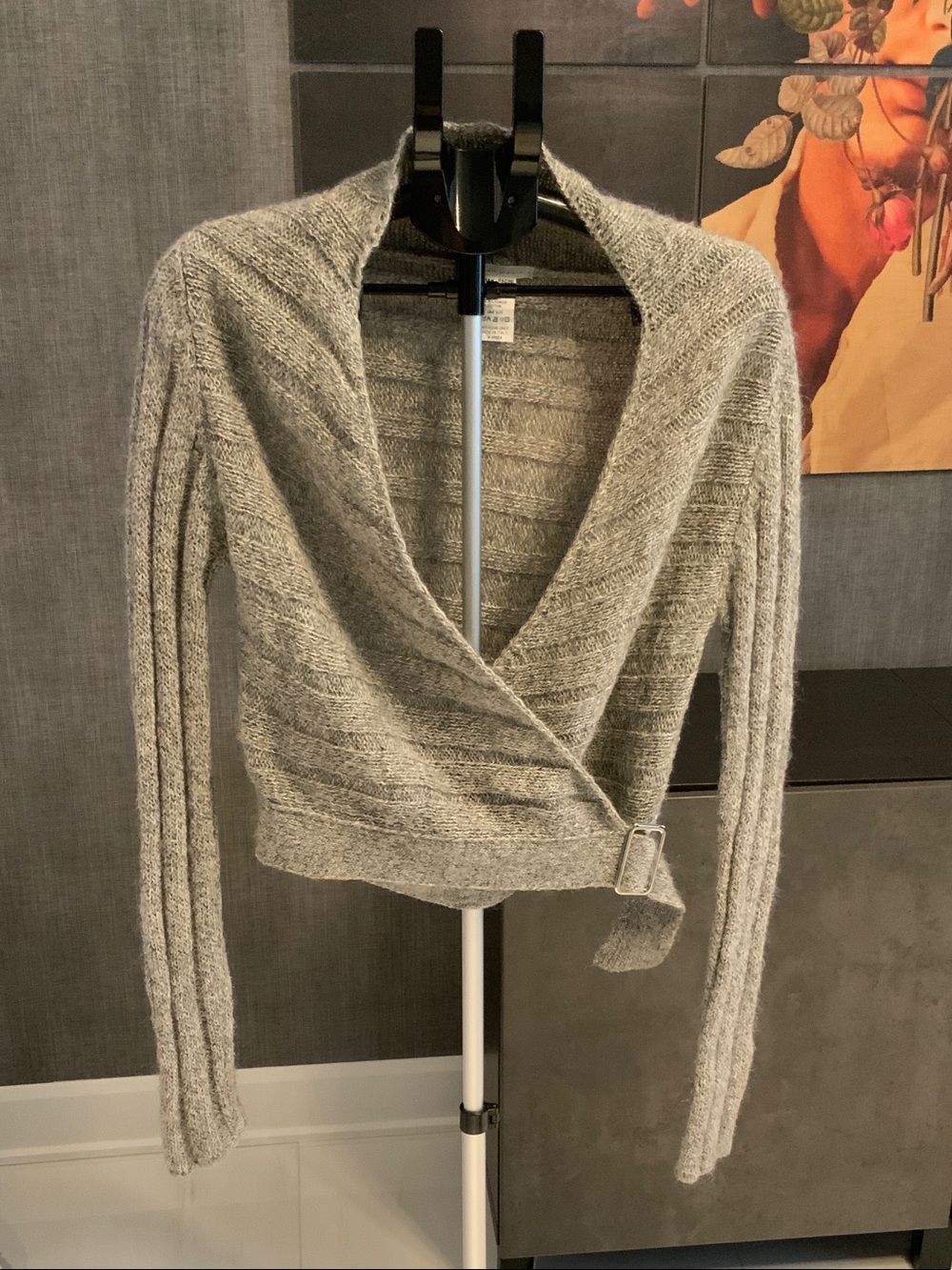 Sarah Pacini Light Gray with sliver tread Wrap Cardigan with Belt Detail M